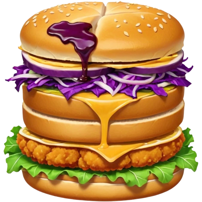 Burning hot, spicy,  stacked chicken sandwich — two thick golden toast slices, a crispy breaded chicken fillet, green lettuce, and purple cabbage slaw, with glossy dark sauce dripping down the sides. emoji