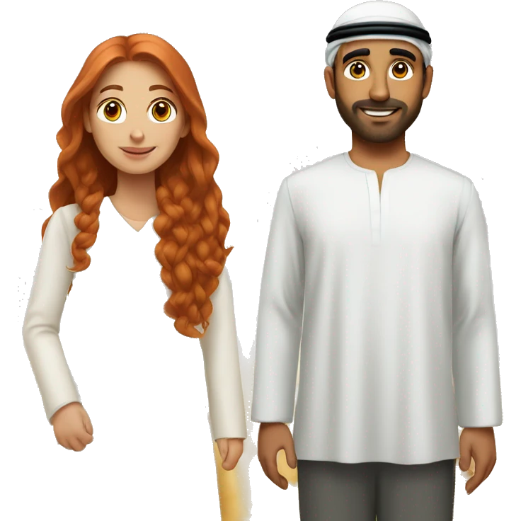 A wheat-haired woman with long red hair with a long white Emirati husband emoji