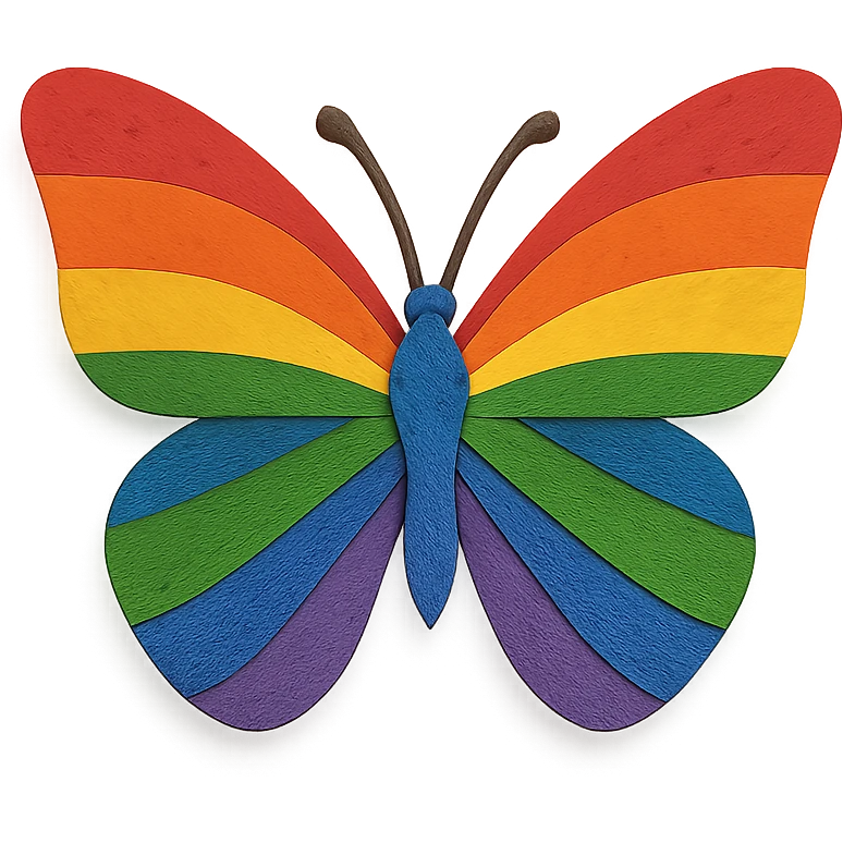 a butterfly in paper craft style, layered paper, rainbow pride colors, handmade look emoji