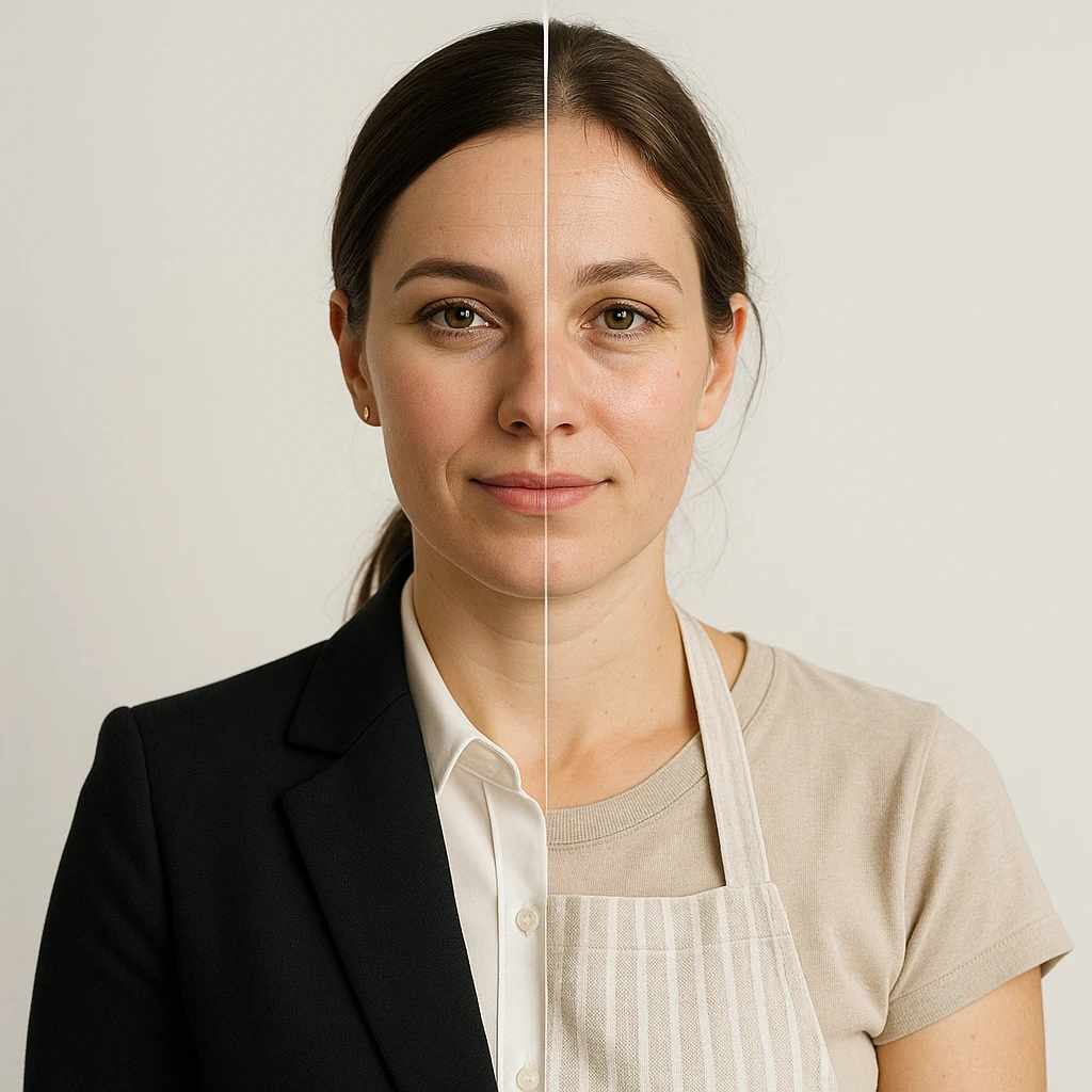 hyper realistic split-image of a woman with half face in office makeup and suit, other half natural, homemaker apron, white background, clear role contrast, symmetry emoji
