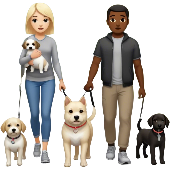 Blond white girl with dark black guy black hair with 1 dog medium size white and gray and 1 dog large dark brown and white, a dark skinned black guy with black short hair and their baby on a walk emoji