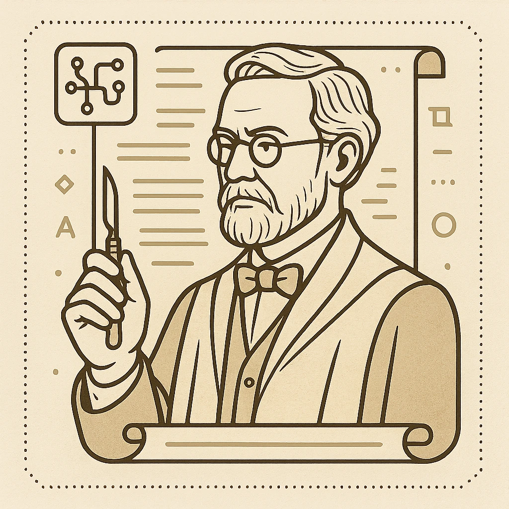 minimal elegant icon of a scholarly professor in classic academia style, dignified and not teaching, with a scalpel, set against a document background blending vintage academic motifs and subtle AI interface elements, refined cultured color scheme, technical and precise emoji