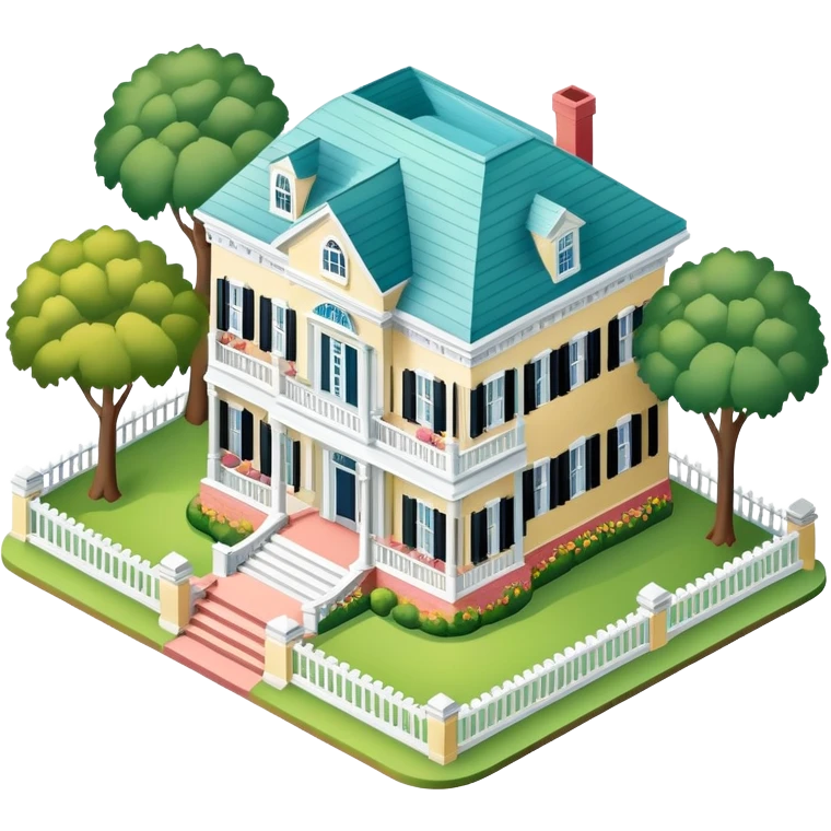 Charleston mansion, isometric dollhouse-style, realistic emoji