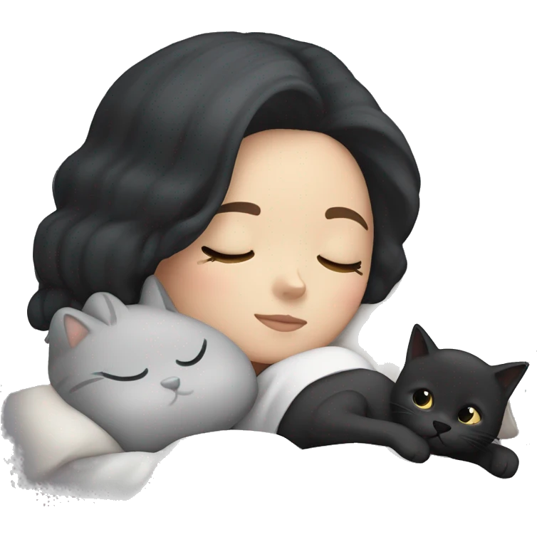 white girl with black hair sleeping with a gray cat emoji