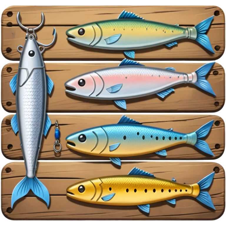 A metal lure set arranged on a wooden plank emoji
