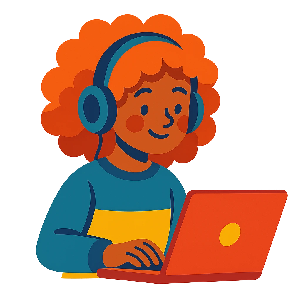 vibrant toon style curly hair girl with headphones and a laptop emoji