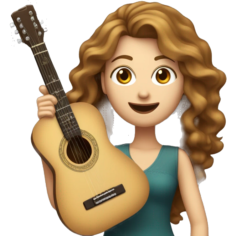 Une Femme caucasienne aux cheveux long brun ondulé qui chante dans un micro et joue de la guitare  emoji