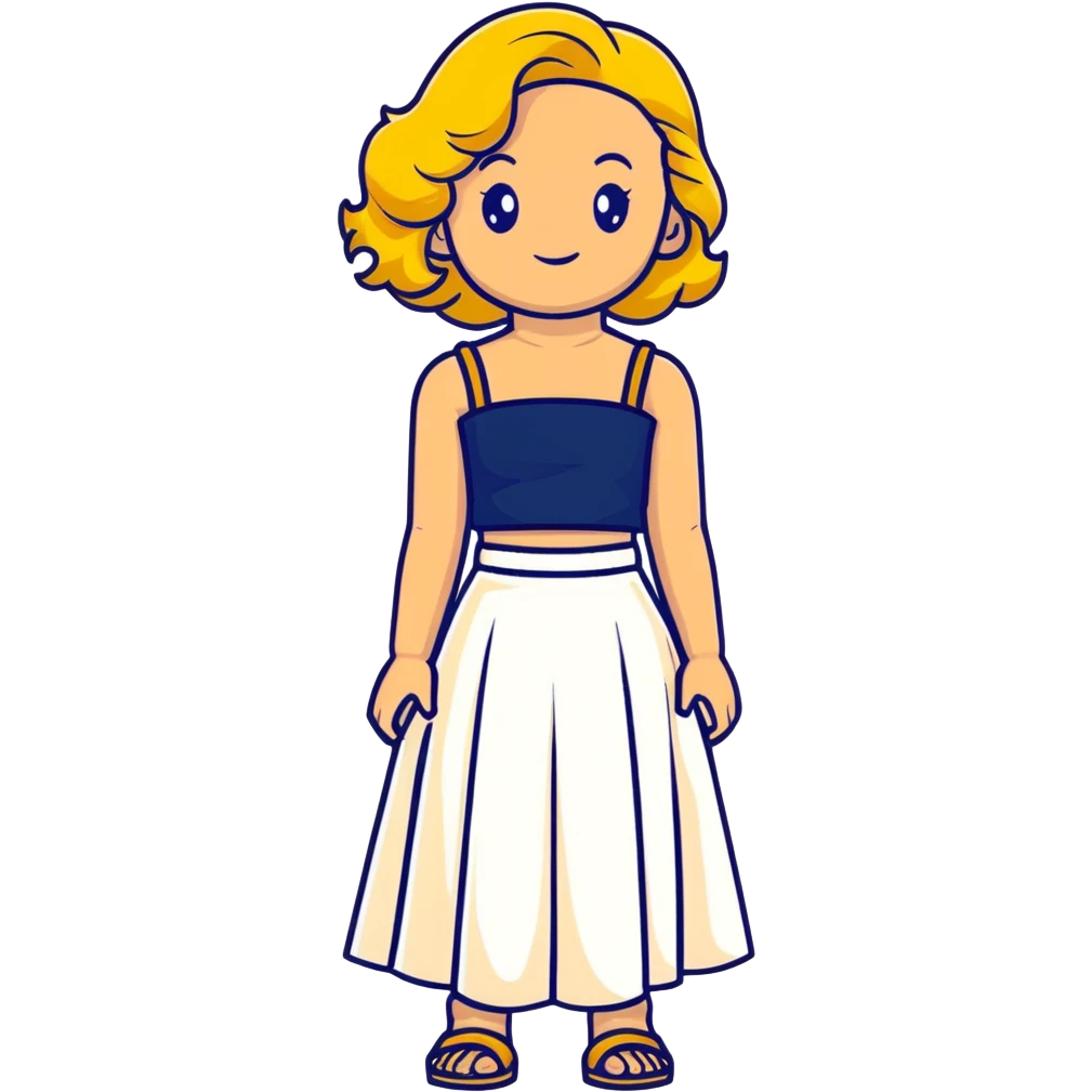 tan girl with wavy hair, white long skirt, navy blue ruched square neck crop top emoji