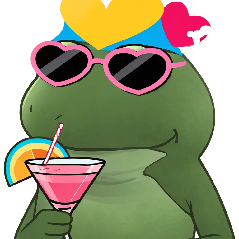 Bufo frog in a jumping pose, with rainbow umbrella hat, heart-shaped sunglasses, holding a pink cocktail, classic Bufo meme style emoji