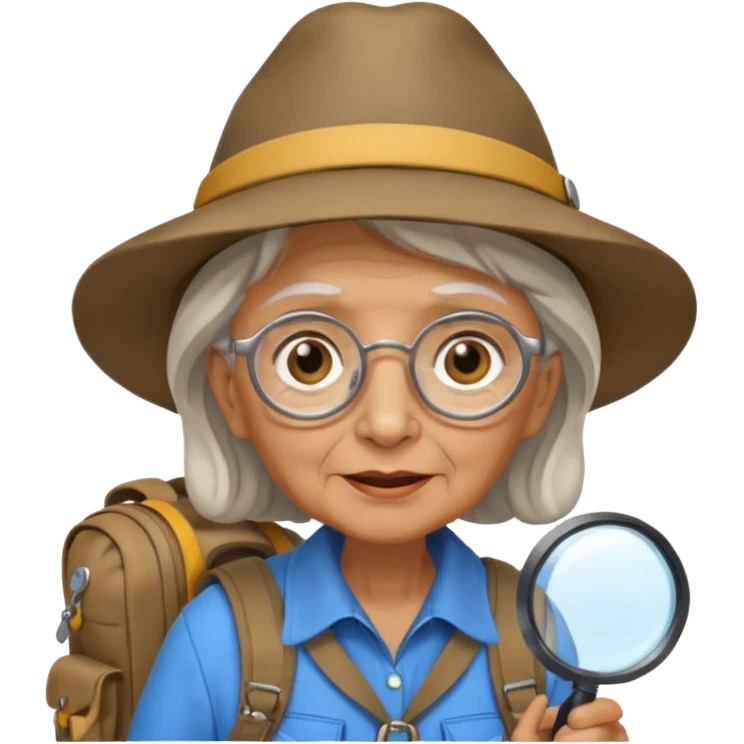 Explorer old woman with magnifying glass and backpack, portrait emoji