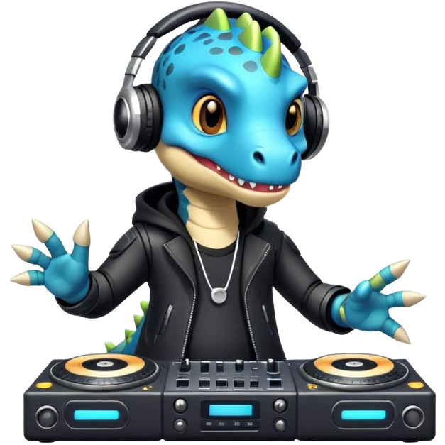 Dinosaurio muy tierno músico DJ con ropa negra futurista con nombre verexxo  emoji