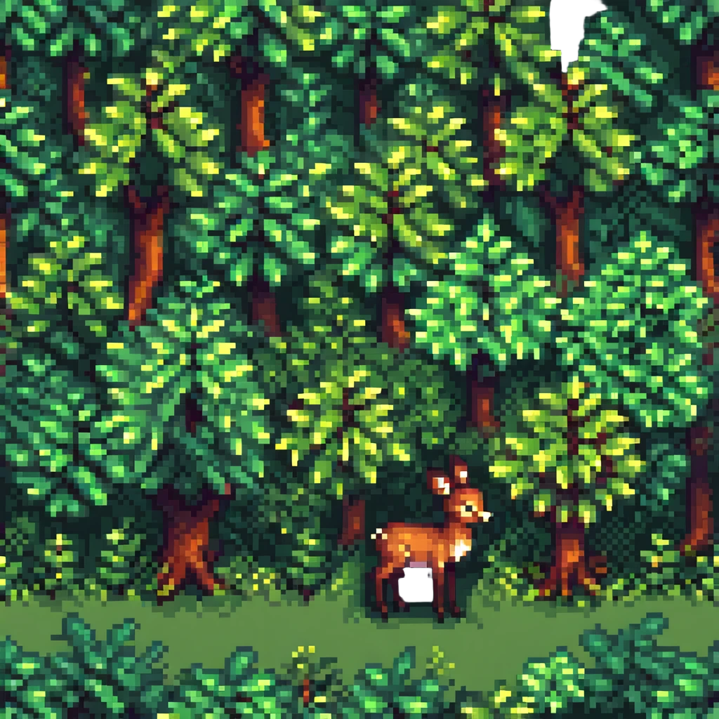 Add a lush green forest background behind Bambi, consistent with pixel art style, including trees and foliage with vibrant greenery. emoji