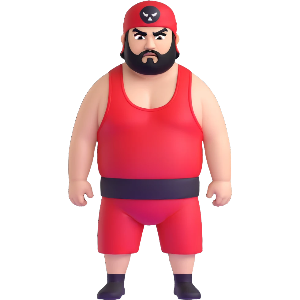 White skin fat guy with prominent black durag, short black beard, black eyes in a red and black wrestling singlet with angry face emoji