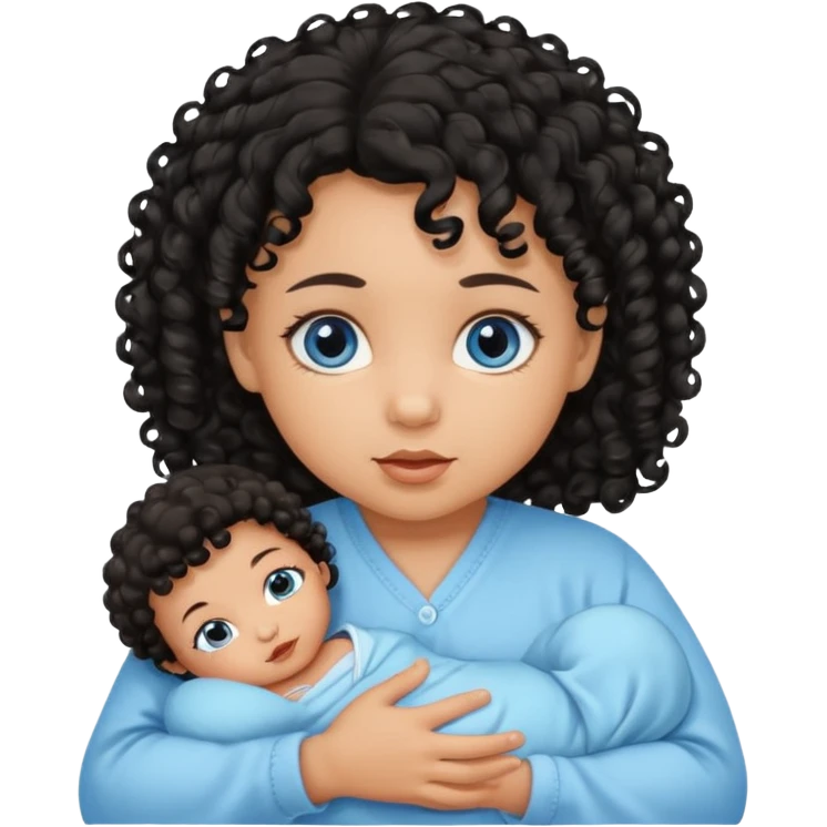 a girl tan newborn baby with black curly hair and blue eyes emoji