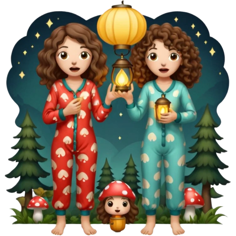pajama forest duo — long wavy brown hair tattooed woman and short tight curly brown hair woman — mushroom pajamas yawning with lantern emoji