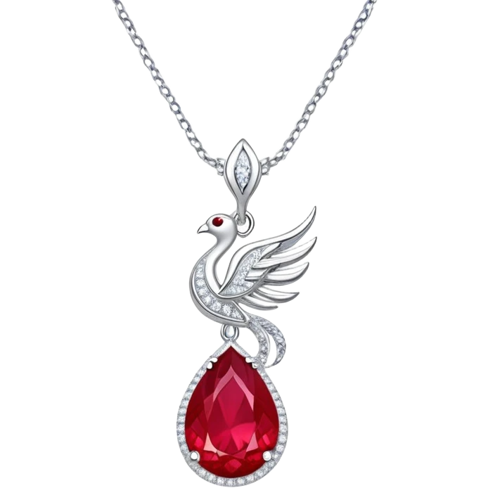 teardrop ruby pendant with fiery light, tiny phoenix feather, shimmering white stones, silver chain, ethereal and powerful rebirth theme emoji