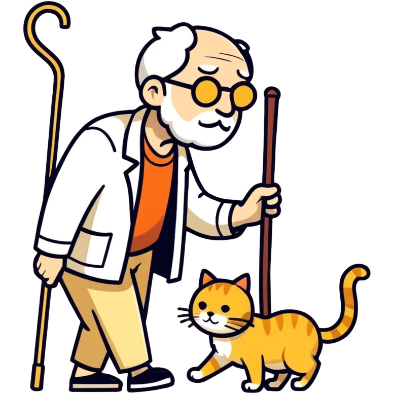  old blind man and his walking stick with golden cat ￼ emoji