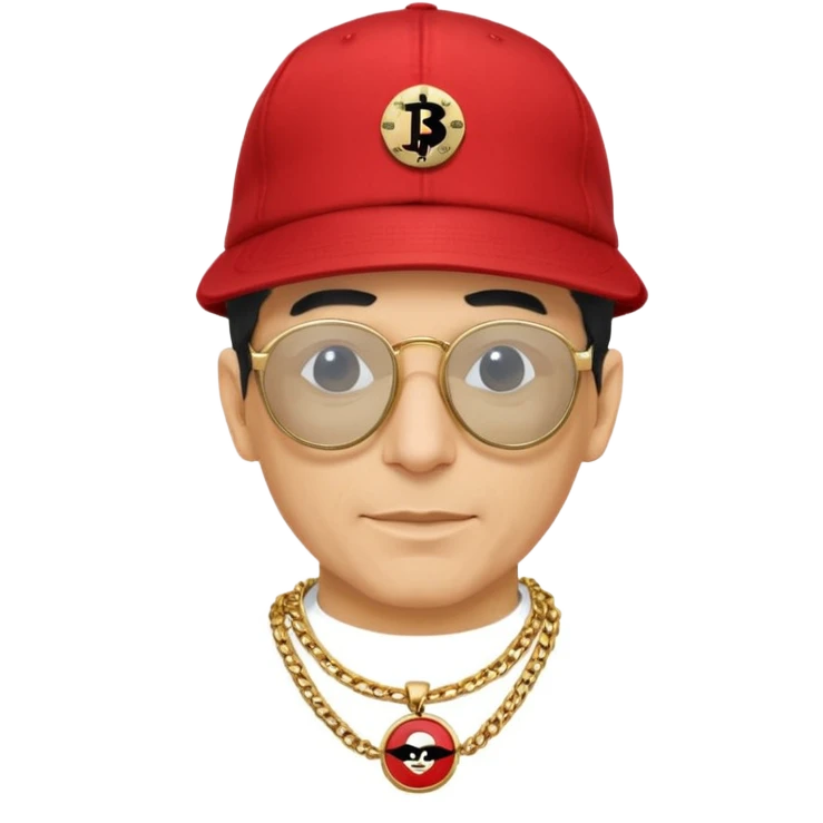 Mike D from Beastie Boys with dark glasses and red hat linux logo medallion on gold chain emoji