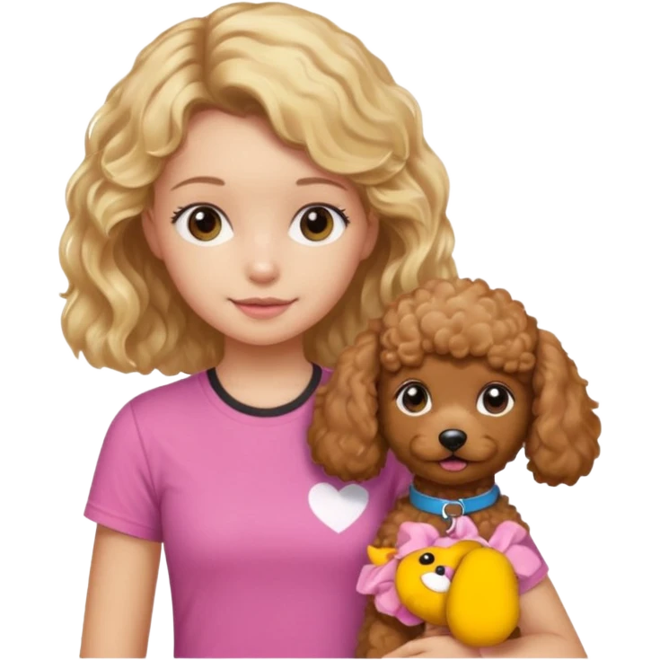 hazme un emoji que sea una niña rubi con el pelo ondulado i una camiseta rosa que ponga brownie, i acariciando a un perro (caniche toy) si pero con el pelo mas largo i no tan rubia el pelo marron i no rubia emoji