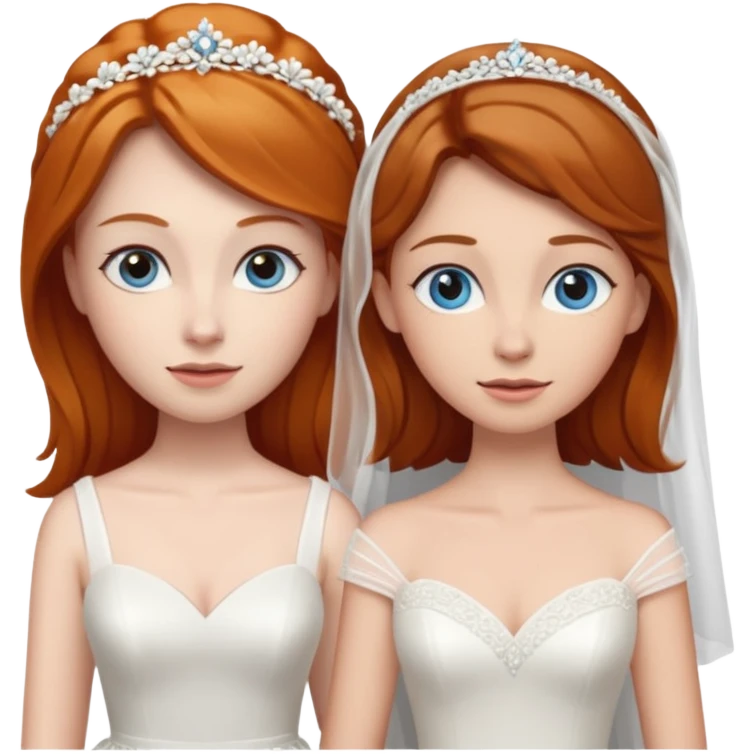 A ginger woman with blue eyes, marrying a taller woman with brown hair and hazel eyes, both in wedding dresses. emoji