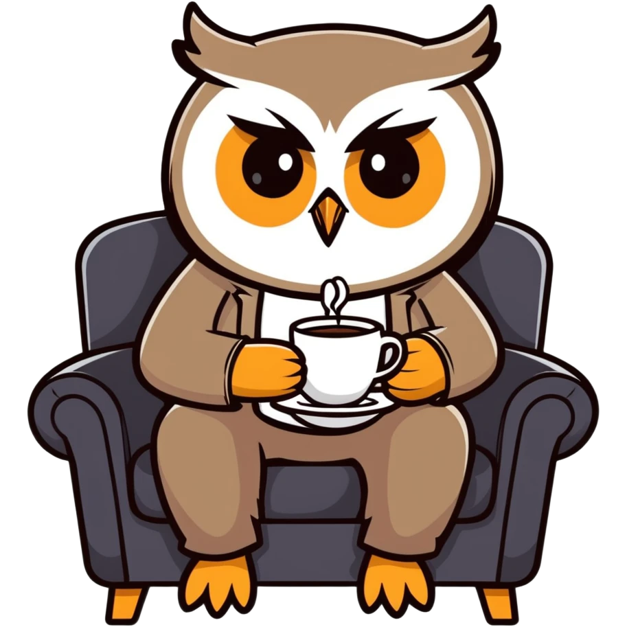 wise owl drinking coffee sitting in an armchair, cartoonish sticker style emoji