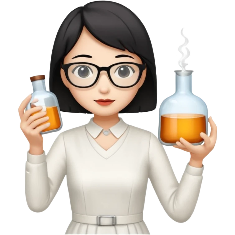 asian teacher with a white dress holding a flask with retangle glasses and black short hand  emoji
