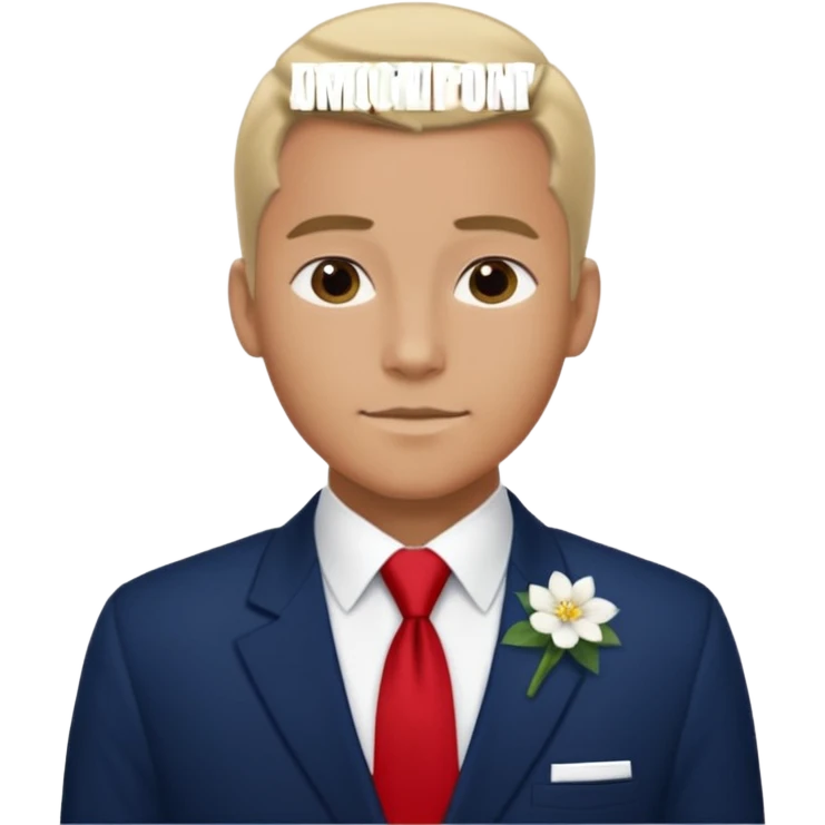 Homme avec bouquet fleurs blanches, avec uniforme bleu foncé cravate rouge, arabe raie sur le côté sans chapeau juste insigne sans bouton manchette et un peu bronzé emoji