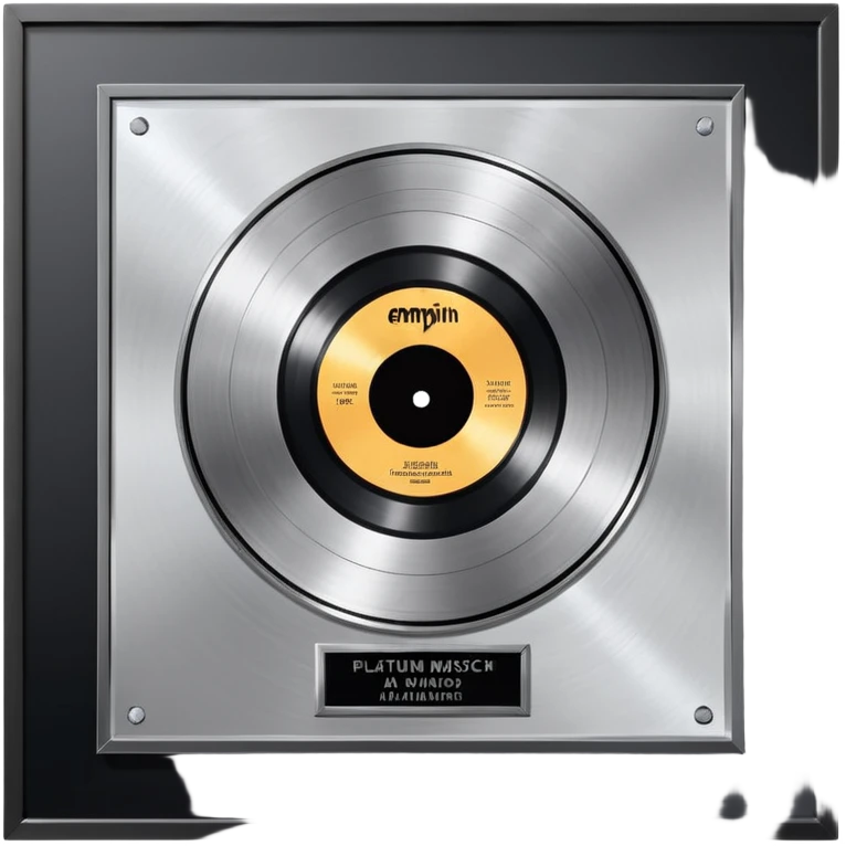A platinum music award plaque: a square, polished platinum plate with a subtly textured, mirror-like finish, mounted on a simple dark metal base. The center features a relief of a or stylized vinyl record in a slightly darker metallic tone.  emoji