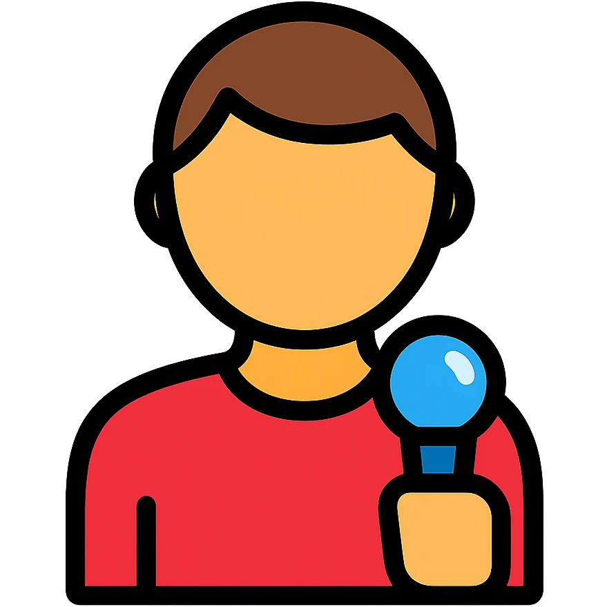 2D icon-style person from shoulders up facing forward, person in red holding a shiny bright blue microphone on a black background emoji