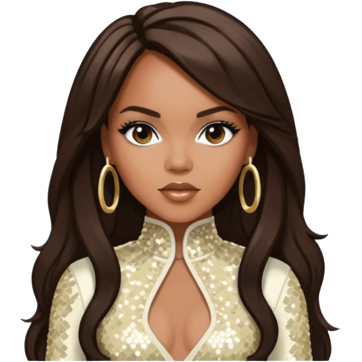LeToya Luckett from Destiny's Child with long dark brown hair, ivory sequin outfit emoji