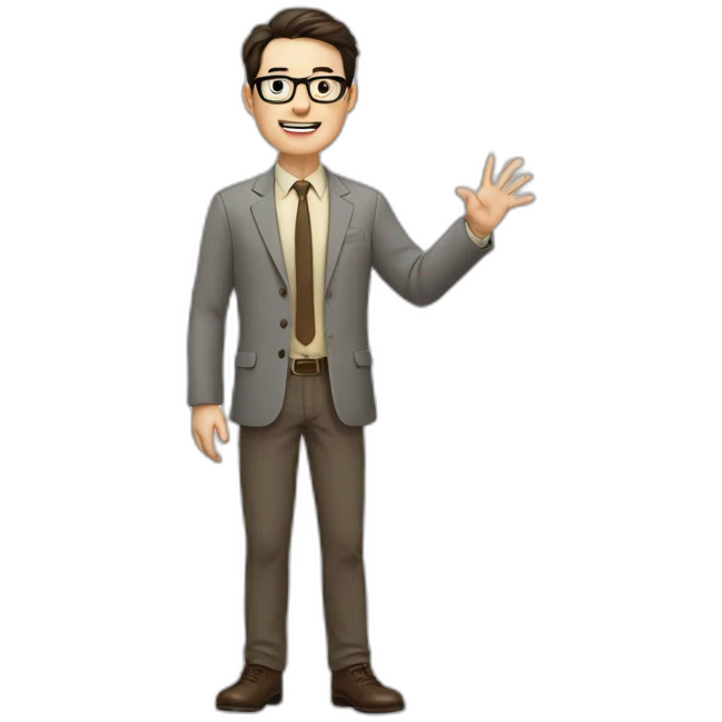 Full height Actively gesturing with hands Pale skinned fit man with dark brown hair in gray jacket, beige office shirt, brown tie, brown pants and vintage glasses. emoji