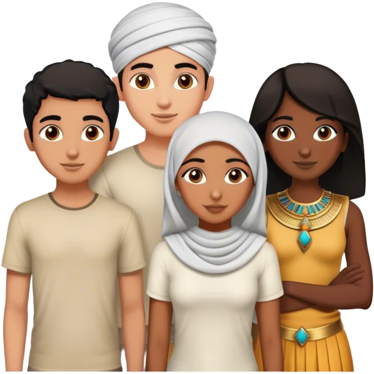 4 bestfriends, 1 south adian girl, 1 Egyptian boy, persian girl 1 moroccan boy 1 black boy emoji