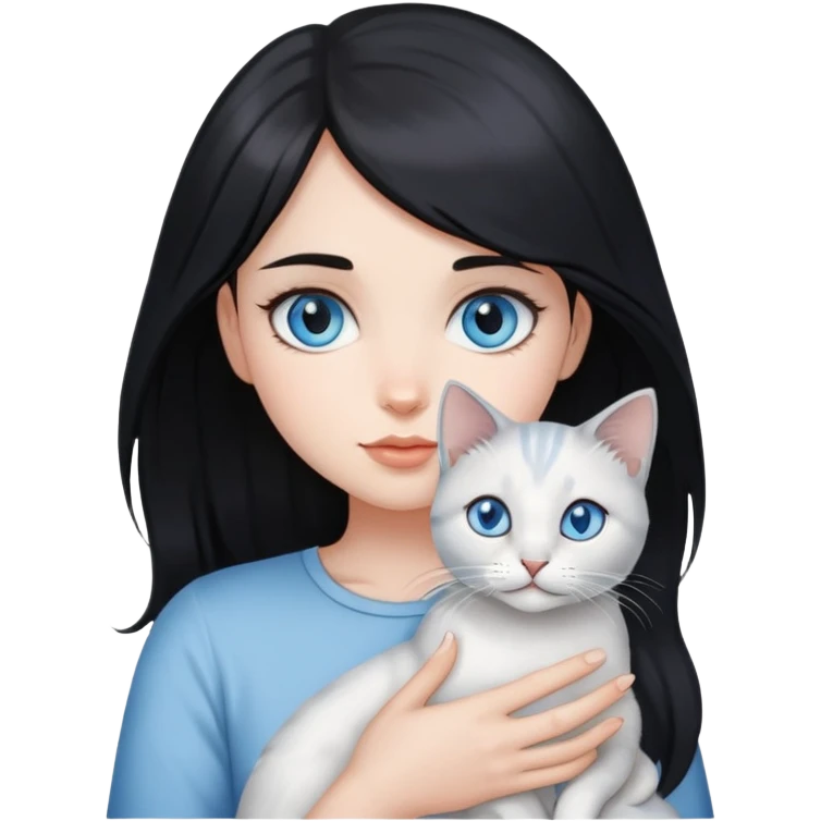 A black- haired girl holding a blue eyed silver-shaded cat emoji
