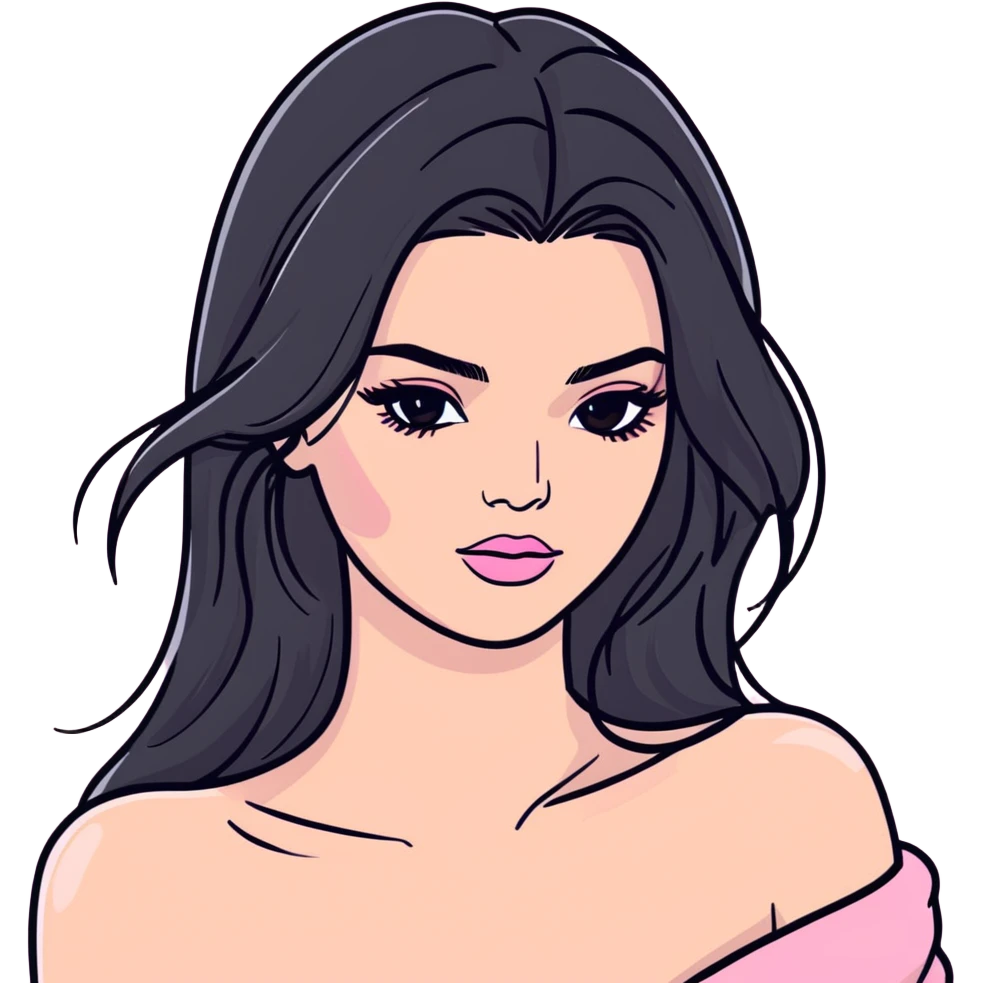Kendall Jenner, elongated face, long flowing hair, pink glossy lipgloss, pink blush on cheeks, cat-eye winged eyeliner, bare shoulders and upper body emoji