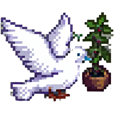 pixel art of a dove carrying an olive branch, with 'NGO' text emoji