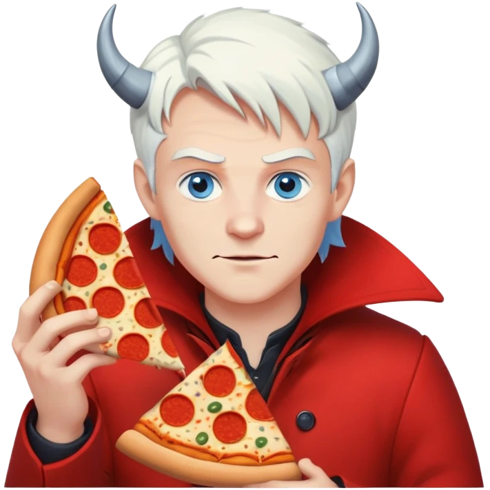A devil hunter with blue eyes and white middle hair in red coat and eats pizza emoji