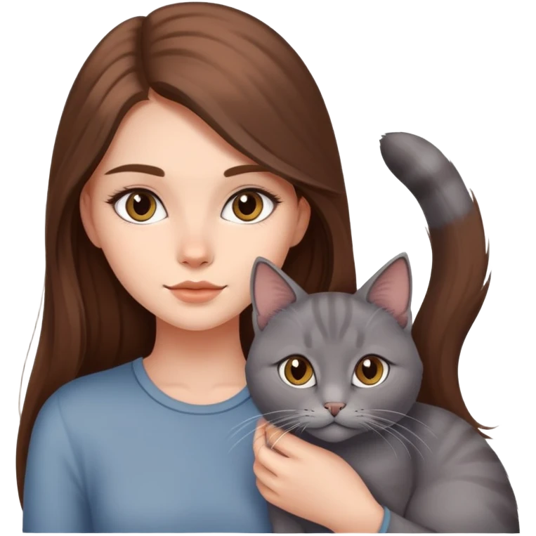 güzel uzun kahverengi saçlı kız ve gri kedisi emoji