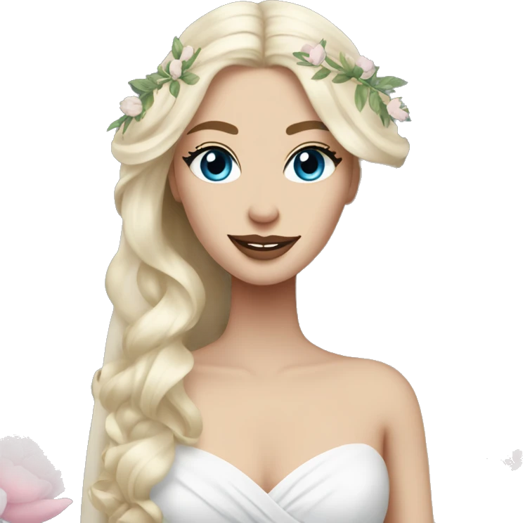 White bride with long light blonde hair and blue eyes with light pink peonies in hair white skin  emoji