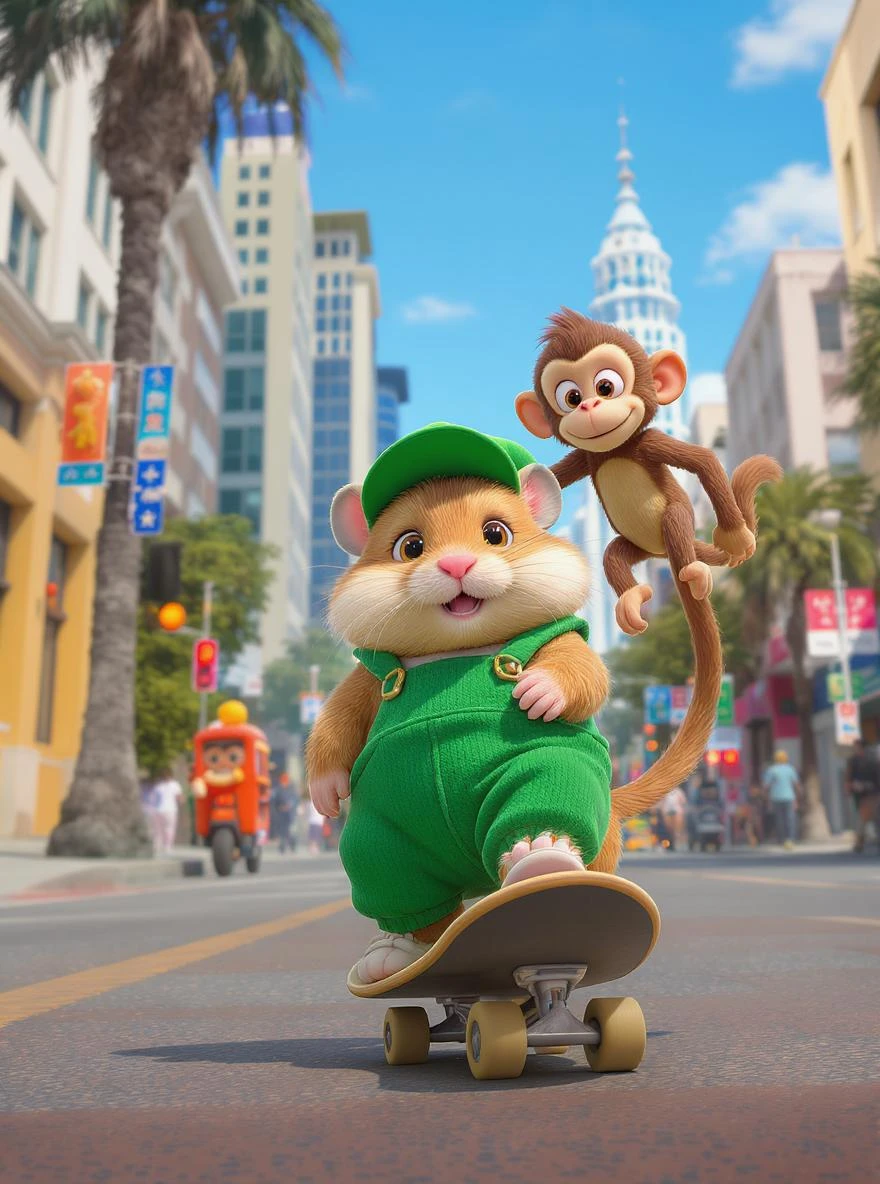Disney style Cinematic still scane, Low angle shot, hamster dress in green outfit, monkey ride on skateboard, san francisno downtown with city lanscape, blue clean sky, captured by ARRI Alexa XT, soft cinematic lightning, back light, inspired by ToyStory 4 emoji