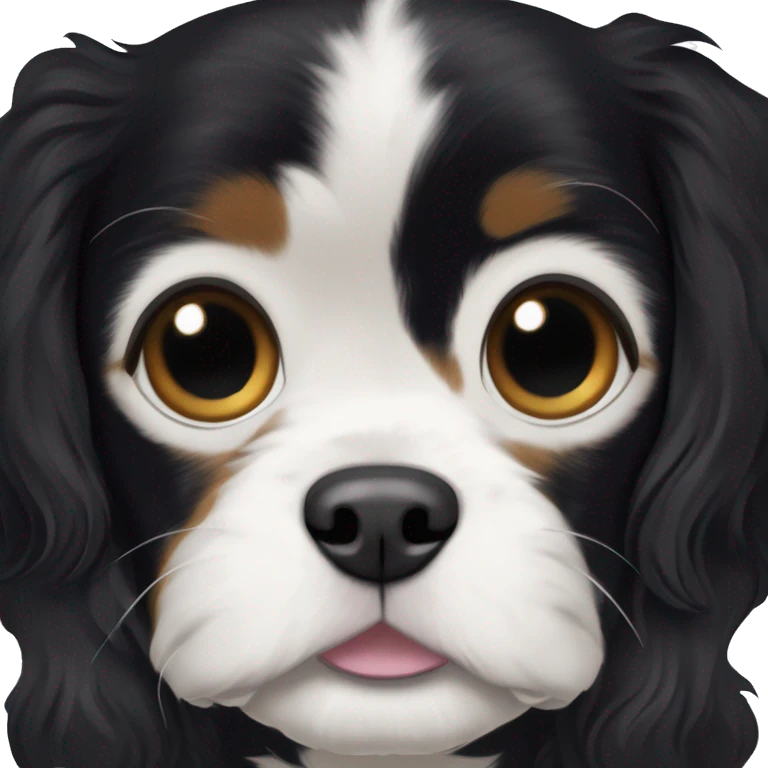 A small completely black Cavalier King Charles Spaniel mix with black, wavy fur, white markings on the chest and muzzle, expressive eyes, and a fluffy tail. emoji