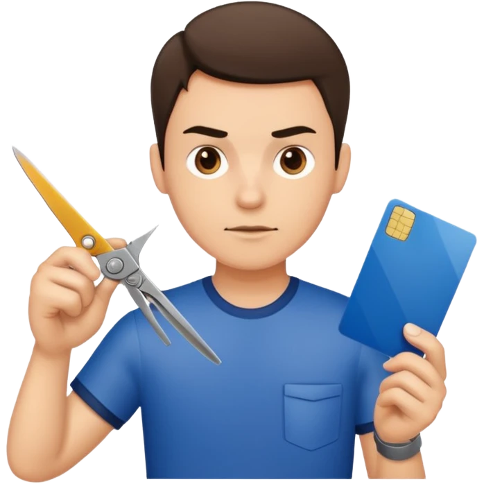 Scissors cutting man ID card in 2 parts. Realistic emoji
