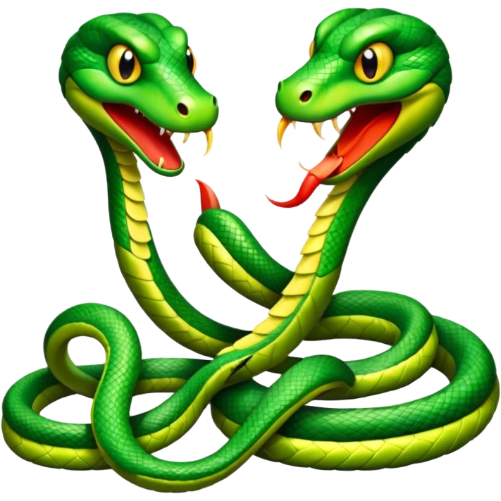 Two angry looking green snakes, tangled up at their tails, facing each other, hissing  emoji