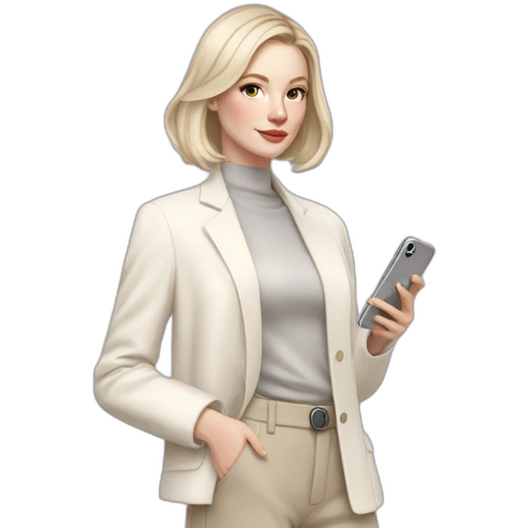 pale skin woman with ash blonde Straightened bob Hair, White Spacious classical jacket, beige palazzo Arrow pants and gray blouse holding white IPhone 14 pro in the hands emoji