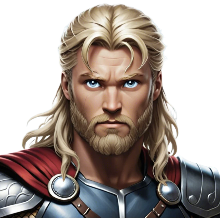 Cinematic Realistic Thor Portrait, depicted with lifelike skin texture and a commanding, muscular build that radiates divine strength. His piercing eyes, framed by rugged, flowing hair and a well-groomed beard, exude both determination and amiable authority. Clad in his signature armor with subtle hints of mystical lightning, the portrait is rendered in dynamic natural lighting with a radiant, heroic glow. emoji