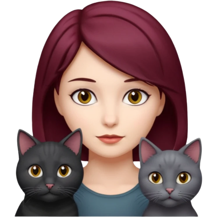 femme au cheveux court bordeau, yeux gris,  avec chat poils longs gris et chat poils ras noirs emoji