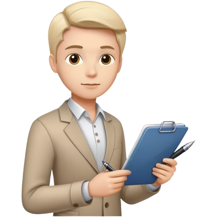 a person holding a checklist and pen, wearing smart casual clothing. The character is in a focused pose emoji
