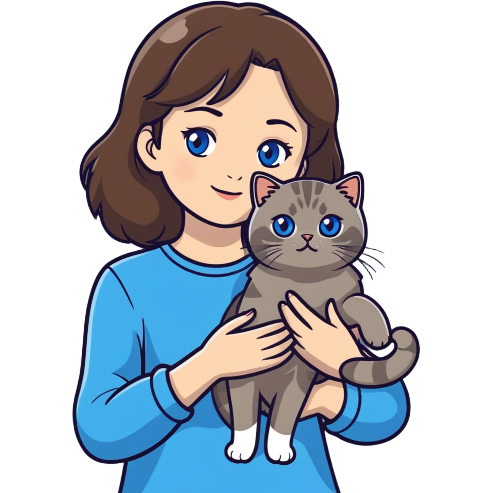 Girl with blue eyes and brown hair holding a medium fluffy grey Scottish fold cat emoji