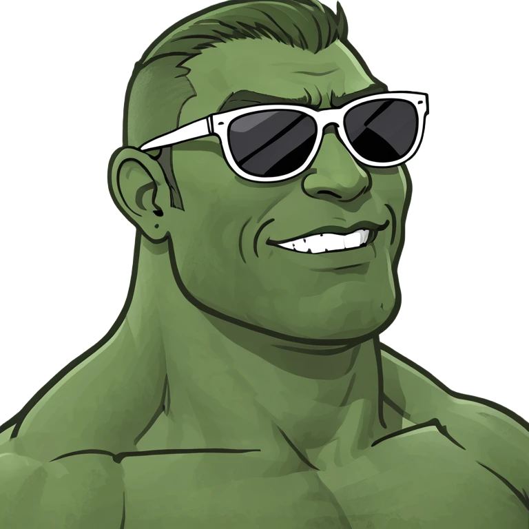 gigachad style muscular man emoji with sunglasses smiling, humorous exaggerated chin and facial features, modern Twitch emoji style for Twitch.tv/wisko channel emoji