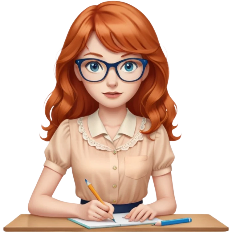 redheaded woman with long wavy hair and bangs, blue eyes, clear cat-eye glasses, short-sleeve apricot blouse, pencil skirt, holding a pencil emoji