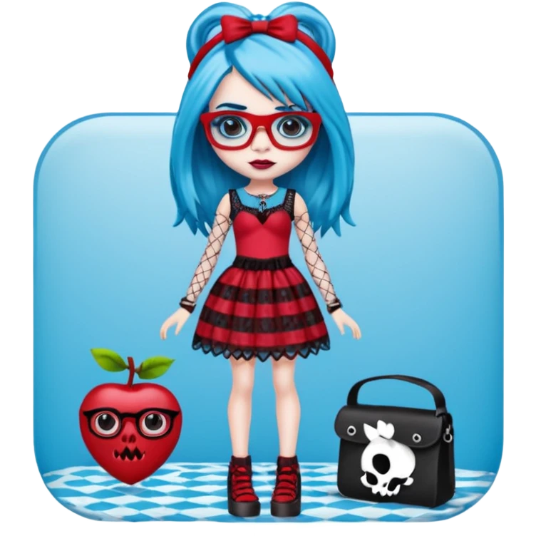 Ghoulia yelps monster high doll in scene/emo style cherry dress with fishnet sleeves, clothes, thin, small, red, rectangle glasses emoji
